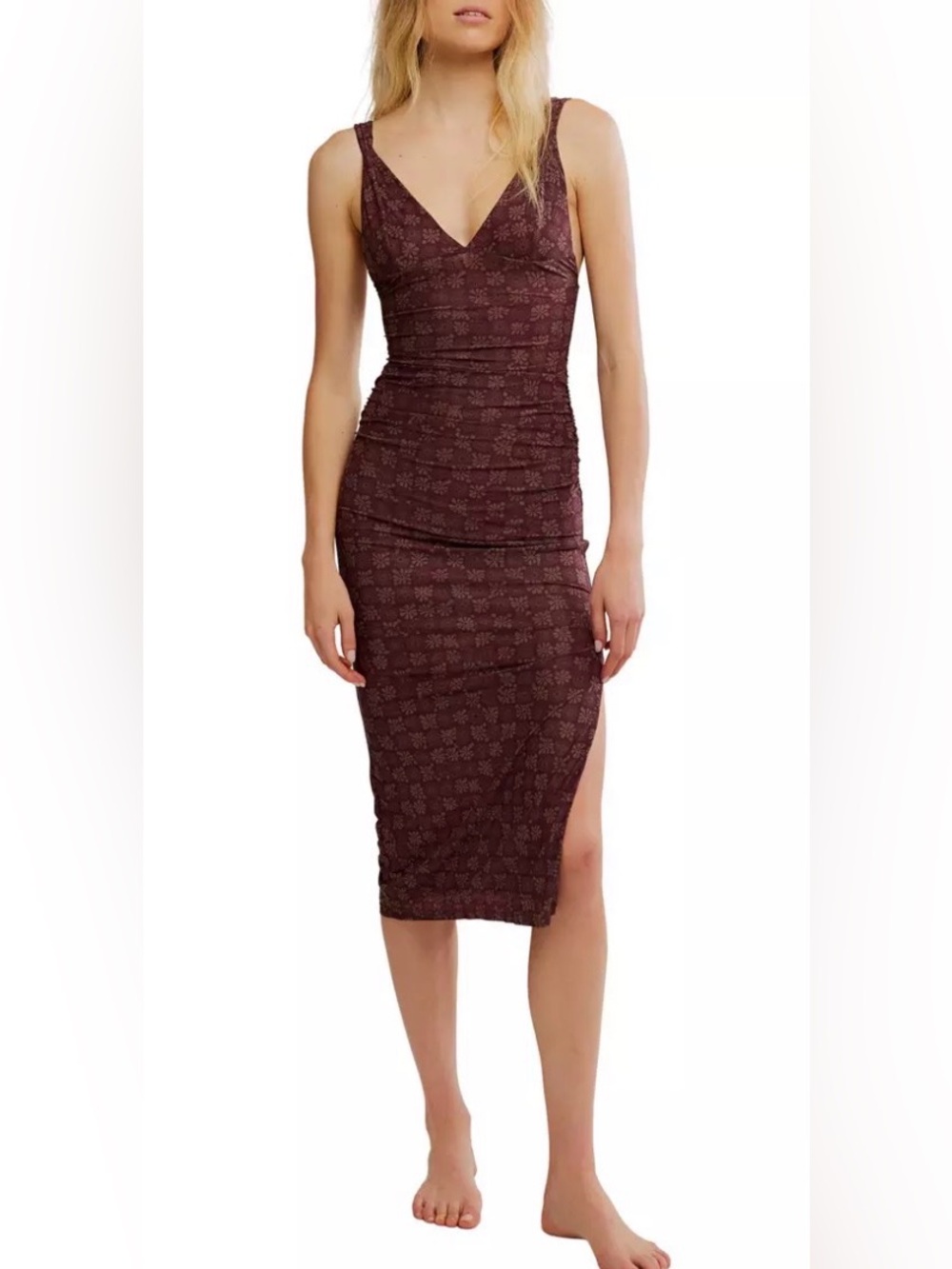NWT Free People Long Live Mesh Slip Midi Dress in Color: Brown Combo